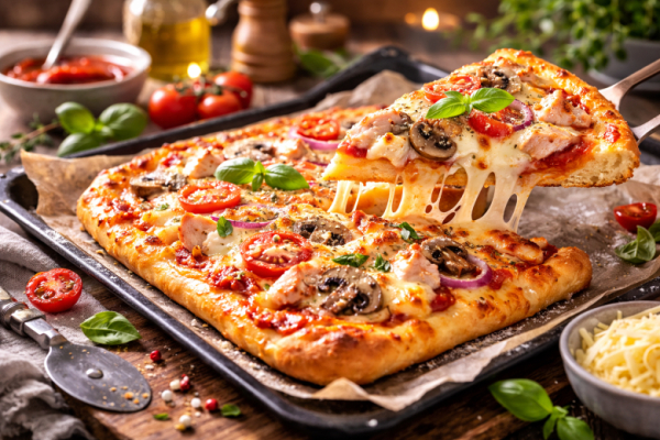 Не месим, смешал &mdash; и в духовку: пицца на жидком тесте с курицей и грибами