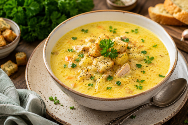 Сырный суп по-французски готовится очень просто: картошка, сыр, курочка &mdash; варю вместо привычных супов, вкусно с чесночными гренками