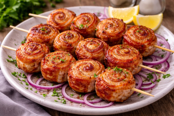 Такие улитки верчу и на праздник и на ужин: 7 минут и уже печем &mdash; вкусные шашлычки из бекона и курицы в духовке