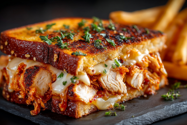 Ким-чи сэндвич: взрыв корейского вкуса между двумя тостами. Хрустящая курица в панко, острые овощи и тягучий сыр